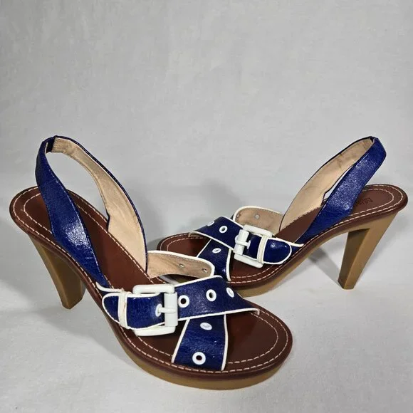 MICHAEL KORS Nautical Blue LEATHER Straps White Trim Slingback Heel Sandals 8.5M - Picture 8 of 16